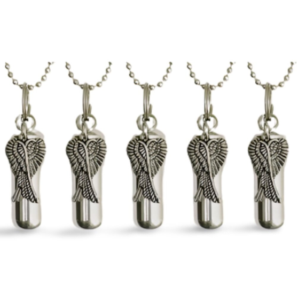 Special Set of FIVE Silver Angel Wings CREMATION URN Necklace